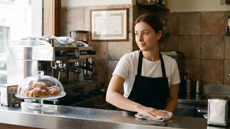 Una barista al banco di un bar con l'attestato appeso alla parete: quanto dura l'attestato HACCP e dove vale, regione per regione