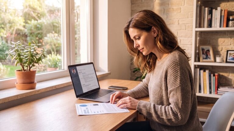 Una donna legge un certificato stampato accanto al computer con il curriculum aperto: il certificato di Udemy vale nel curriculum?