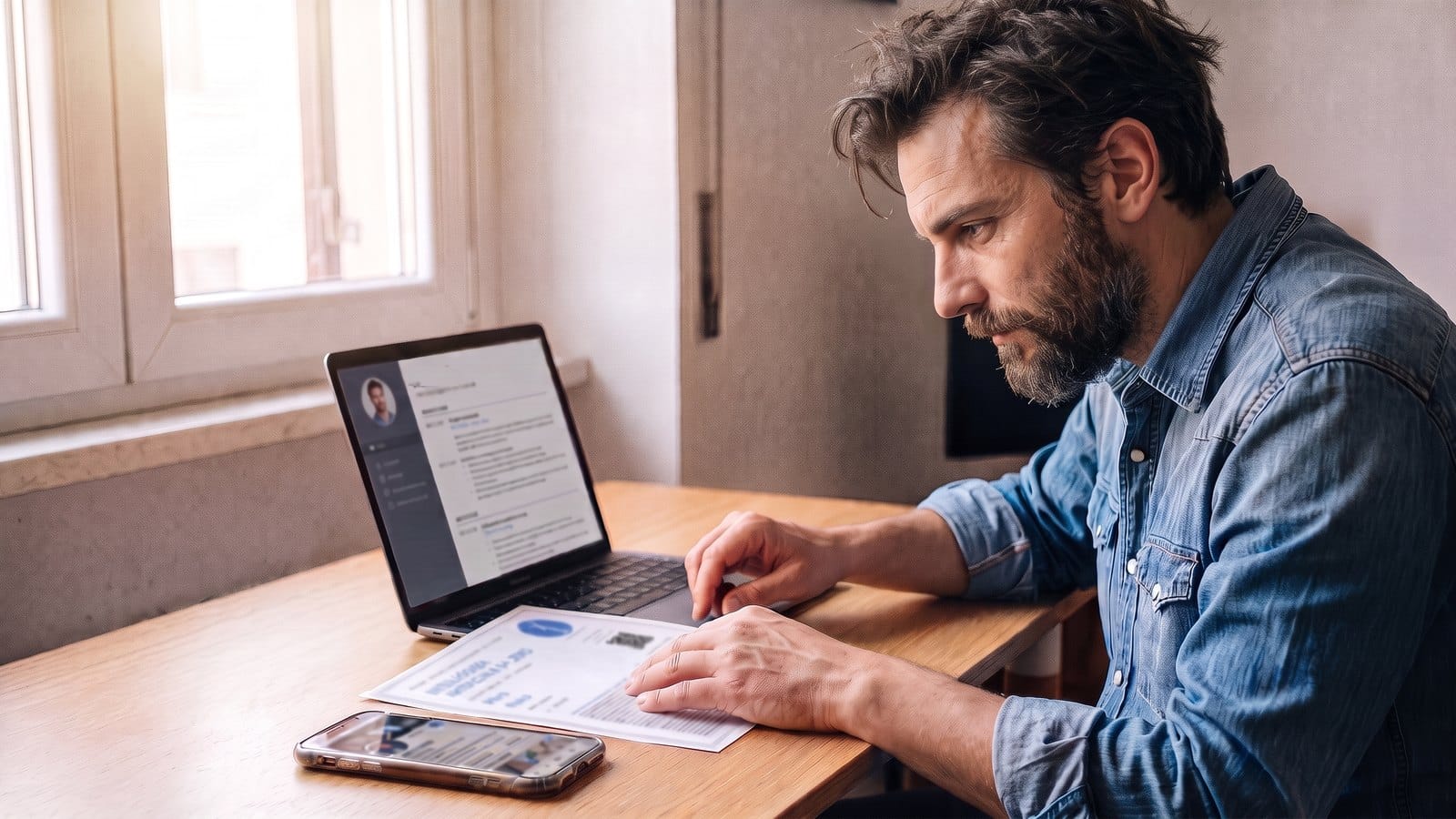 Un uomo aggiorna il curriculum al computer con accanto un certificato stampato: come inserire i corsi nel CV e su LinkedIn