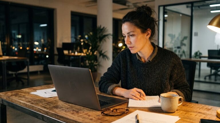 Donna adulta studia la sera su un computer portatile, prendendo appunti su un quaderno: la formazione online degli adulti in Italia secondo i dati di Accademia Domani