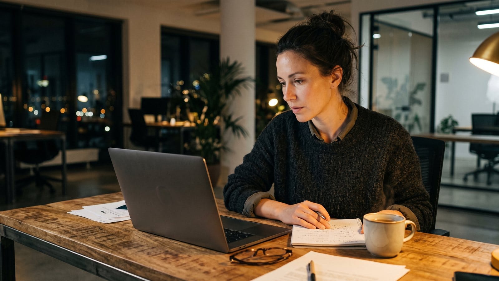 Donna adulta studia la sera su un computer portatile, prendendo appunti su un quaderno: la formazione online degli adulti in Italia secondo i dati di Accademia Domani