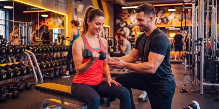 Personal trainer corregge la postura di una cliente durante un esercizio con manubri in palestra