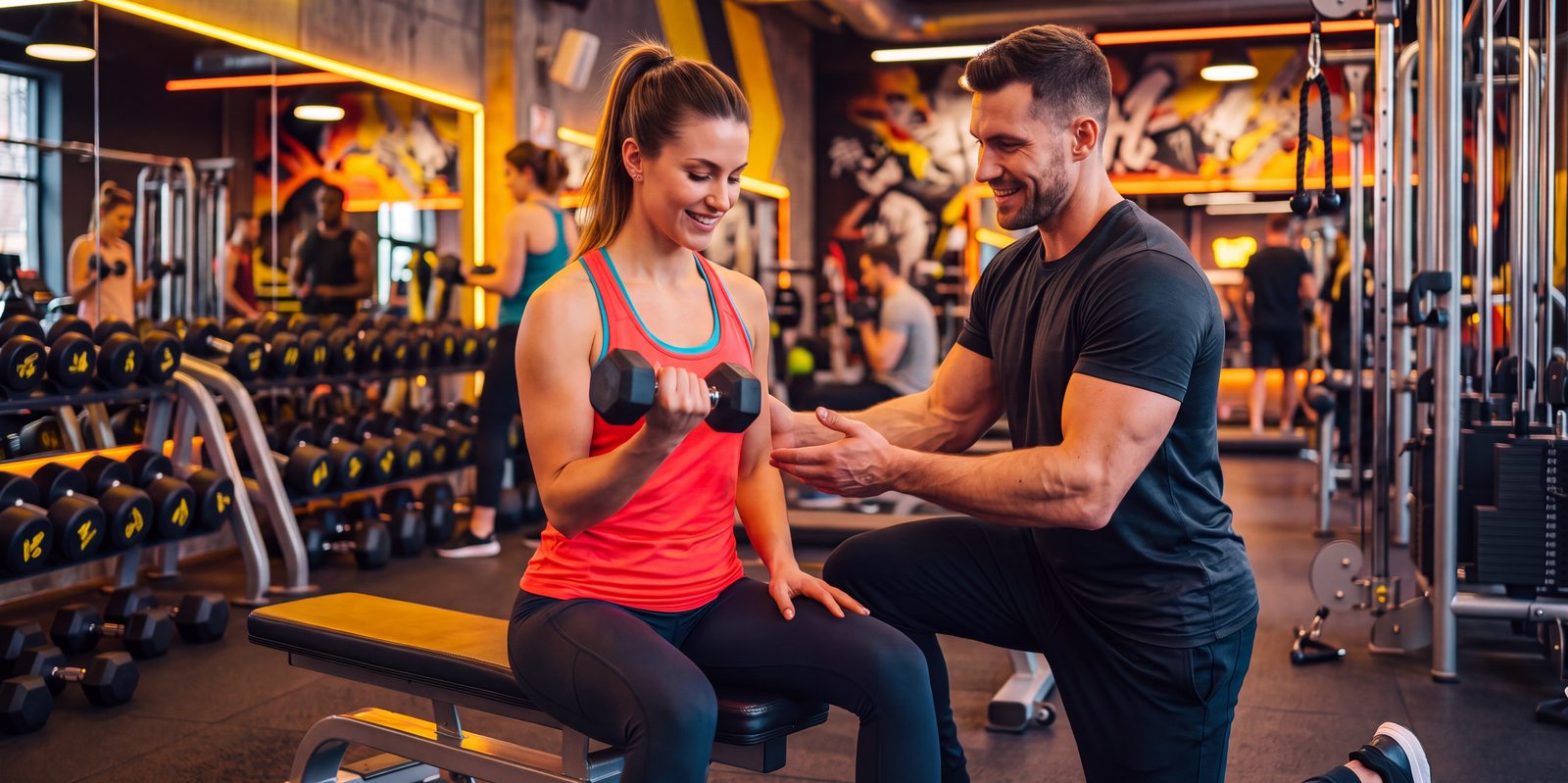 Personal trainer corregge la postura di una cliente durante un esercizio con manubri in palestra