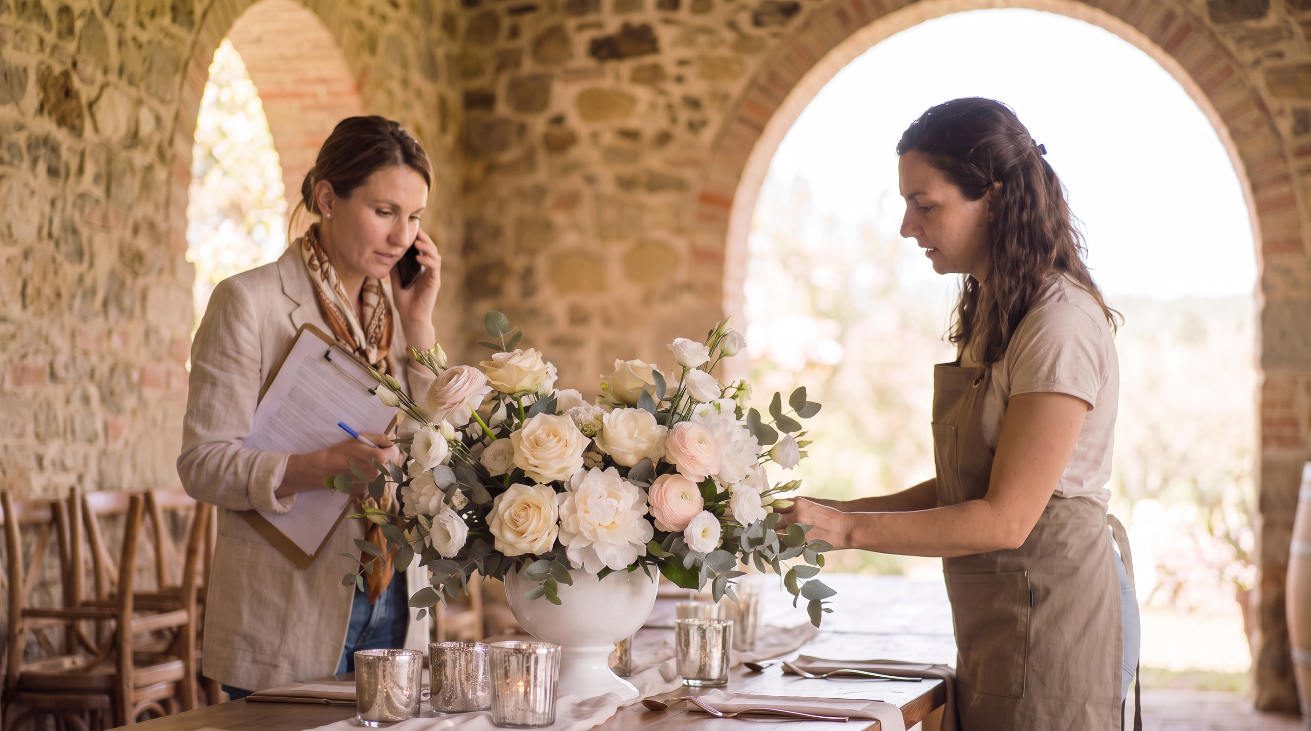 Come diventare wedding planner: una professionista con la cartellina del programma durante l’allestimento di un matrimonio