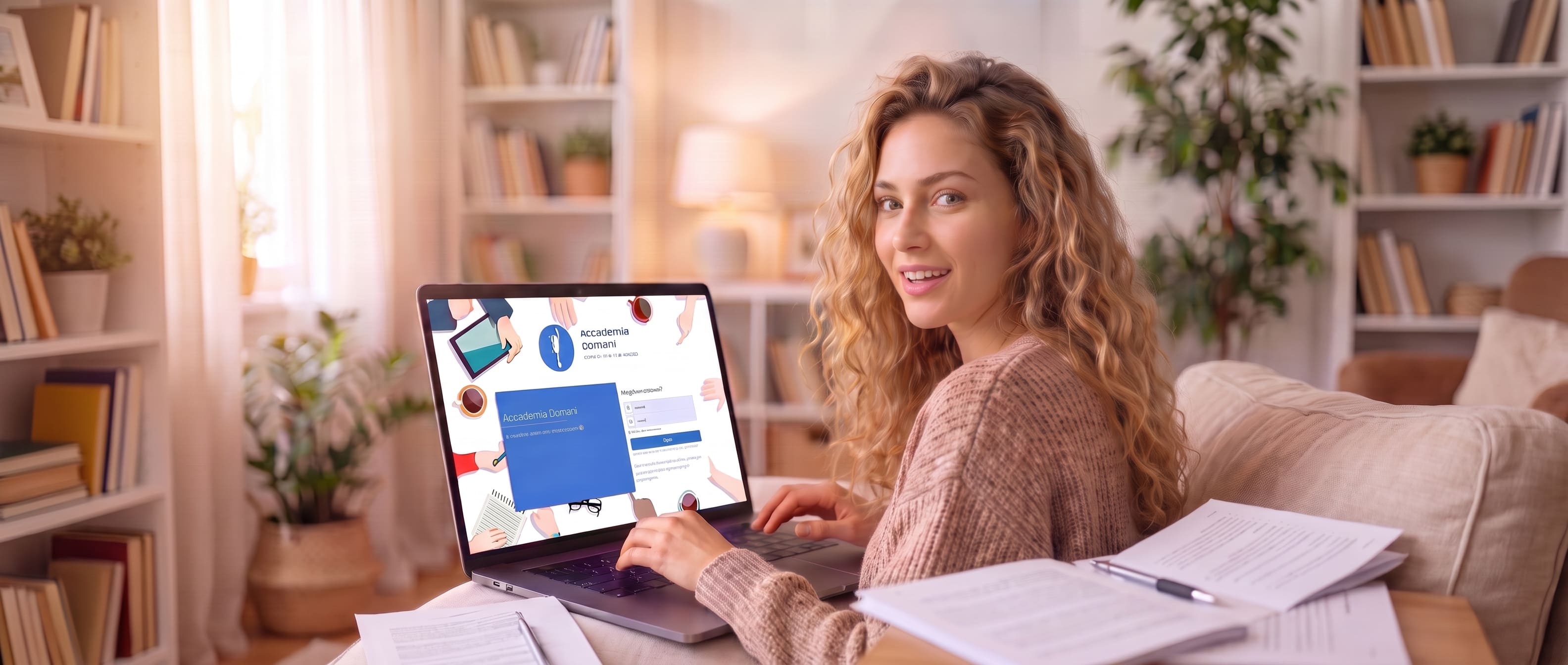 Studentessa di Accademia Domani al lavoro sul suo laptop