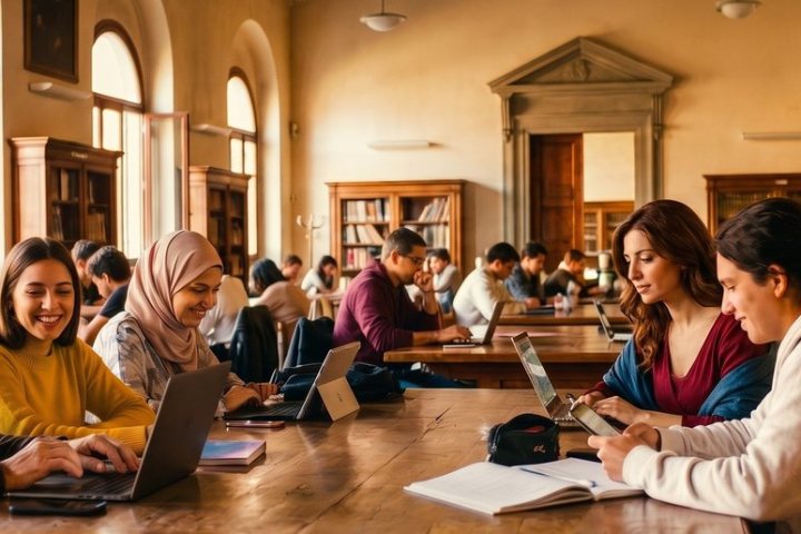 Persone che studiano insieme in una sala di lettura